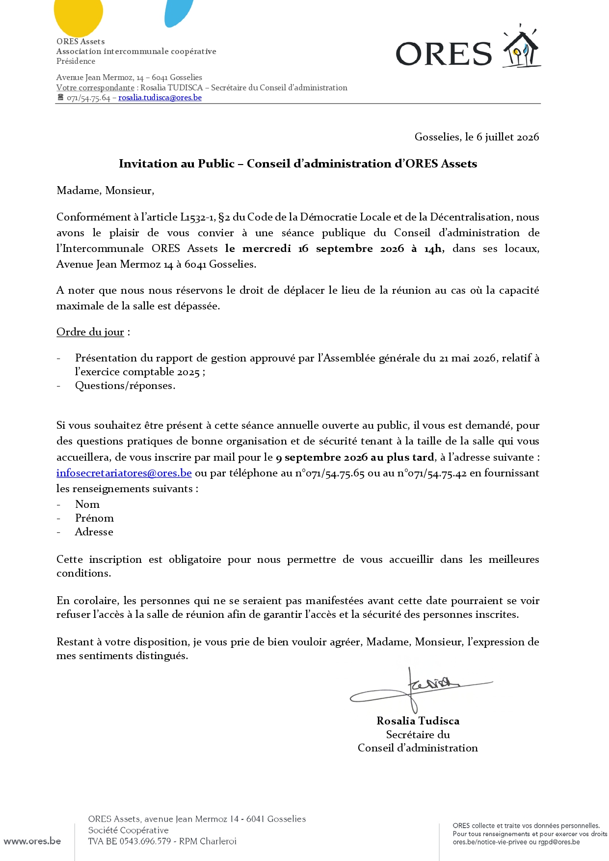 ORES Assets   Invitation au Conseil dadministration pubic du 16 septembre 2026 page 0001