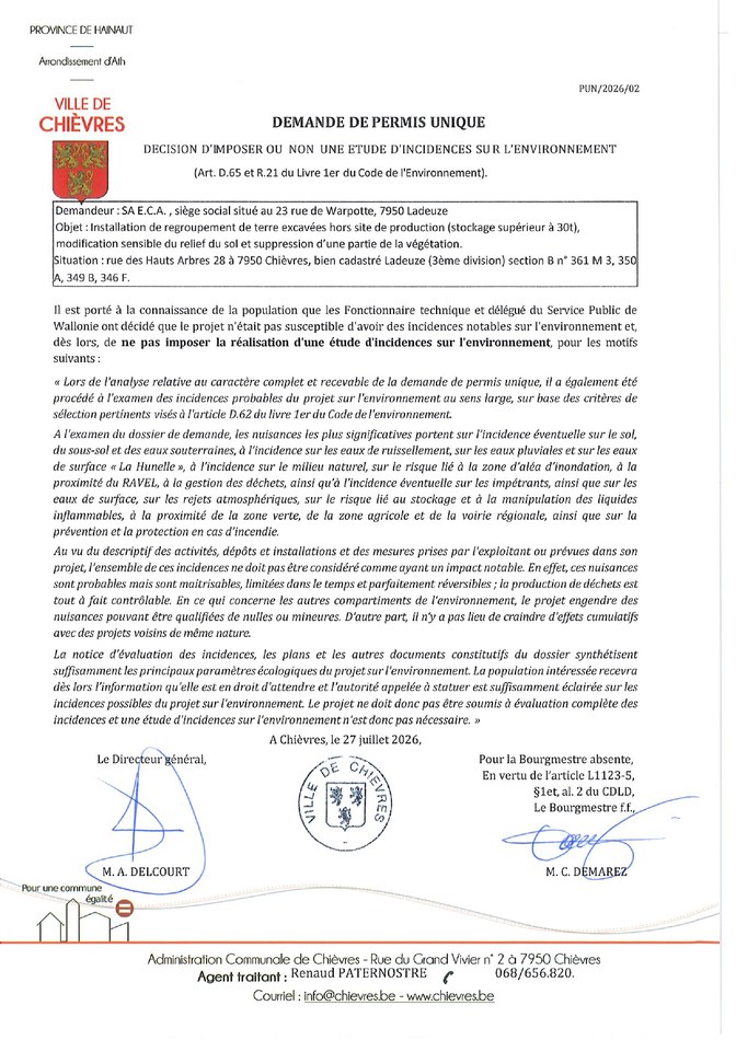 Etude d'incidences non imposée