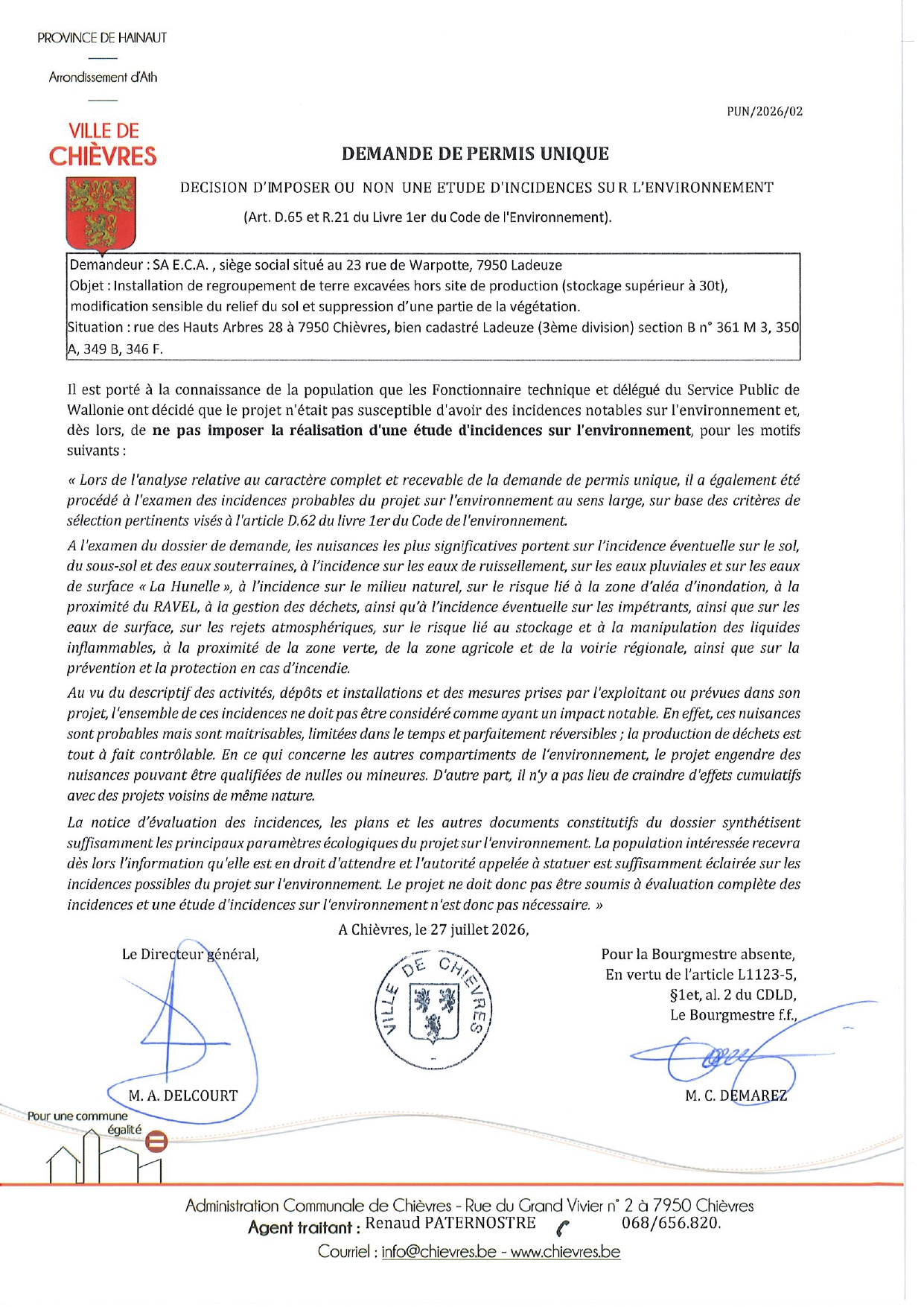Etude d'incidences non imposée