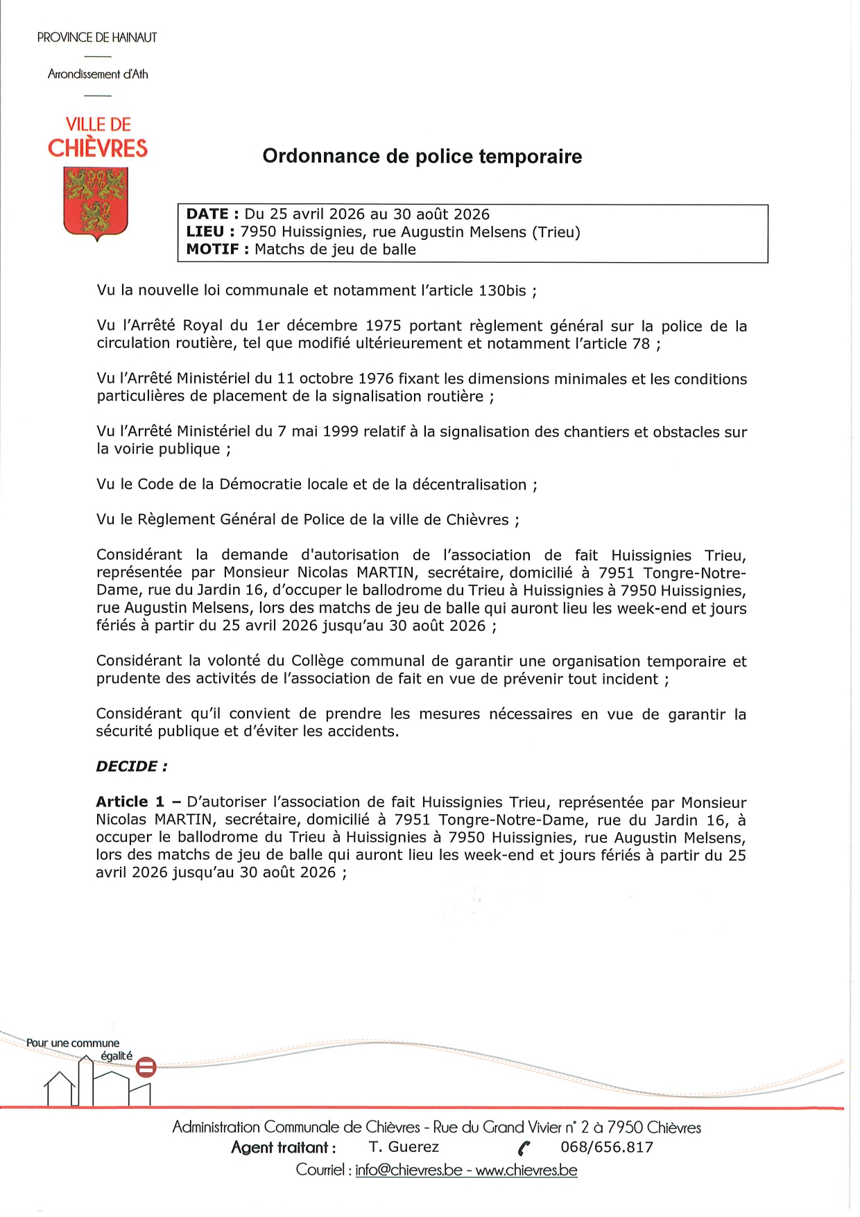 Ordonnance de police Huissignies Trieu page 0001